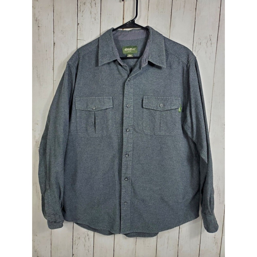 Eddie Bauer Button Up Flannel Shirt Men's Large Long Sleeve Grey Double Pocket